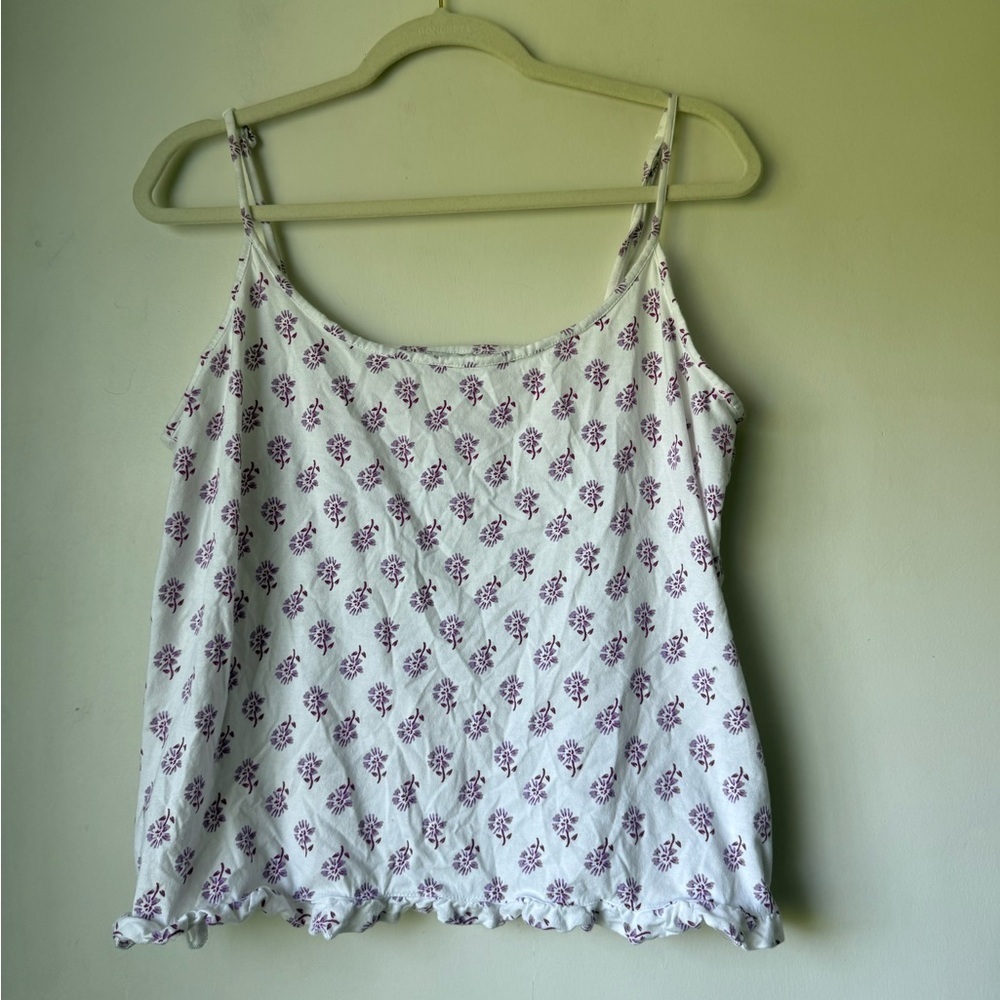 J. Crew White and Purple Floral Ruffle Camisole Tank M